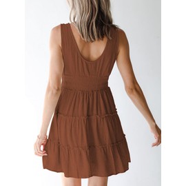 Dokotoo Women's Dresses Ruffle Sleeveless Dresses Resort Wear for Women 2025 Button Down Smocked Elastic Waist Solid Color Short Flowy Mini Babydoll Sun Dress Casual Beach Sundresses Brown X-Large