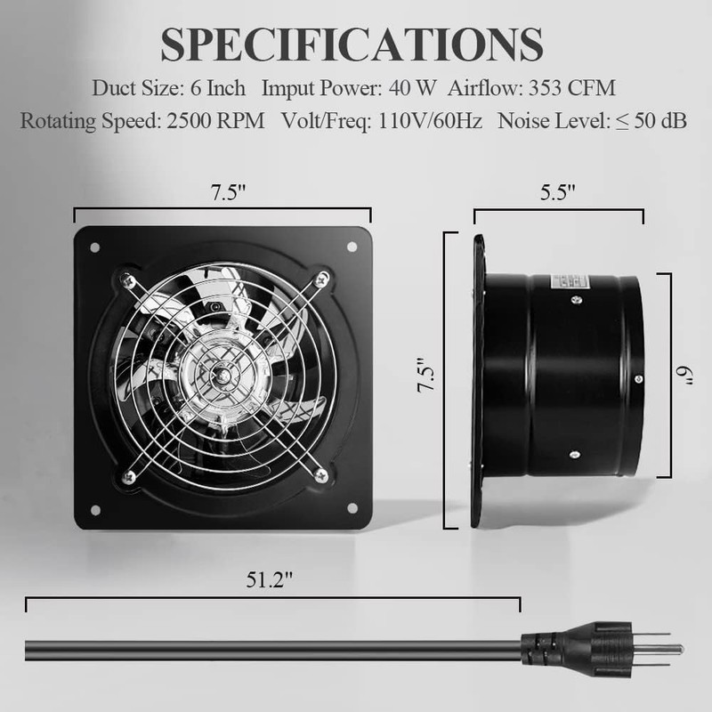 WiseWater 6 Inch Exhaust Fan, 110V Wall Mounted Exhaust Fan,