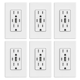 ELEGRP USB Outlets, 30W 6.0 Amp USB C Outlets Receptacles, 3-Port USB Wall Outlet, 15 Amp Tamper-Resistant Outlet with 2 USB C Ports, UL Listed, Screwless Wall Plate Included, 6 Pack, Matte White