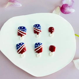 4th of July Press on Toenails Short Square Fake Toe Nails with Designs American Flag Glue on Nails Independence Day Acrylic Toenails Red Glitter Artificial Toe Nails for Women 24Pcs