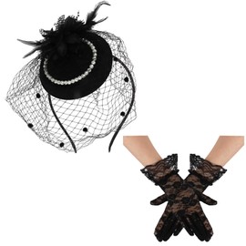Fascinators Hats 20s 50s Hat Pillbox Hat and Lace Gloves Black
