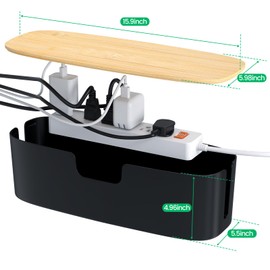 Large Cable Management Box - Cord Organize Box with Bamboo lid for Safe Home & Office, Cord Hider for Power Strip Under Desk, Cover TV Wires, Child & Pet Proof Cord Box, Black