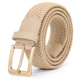 Braided Canvas Stretch Belt Elastic Casual Belt for Men, Women and Junior 1.3 Inches Wide,I-beige-gold buckle,Suit for waist size 28"-33"