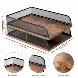 Set of 2 Vintage Wood & Metal Letter Tray，Desk Organizers Paper Tray，Office File Organizer(Black)