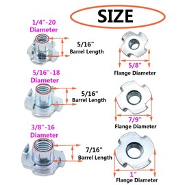 T Nuts 1/4"-20 5/16"-18 3/8"-16, SpzcdZa 75Pcs T Nut Zinc Plated Steel T-Nuts 4 Pronged Tee Blind Nuts Assortment Kit for Wood, Rock Climbing Holds, Cabinetry, Furniture etc.