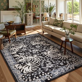 LIVEBOX Tiger Washable Rug 8x10, Boho Animal Print Area Rugs for Living Room, Non-Slip Botanical Floral Bedroom Rug, Vintage Soft Western Floor Carpet for Dining Room Home Office Dorm (Terracotta)