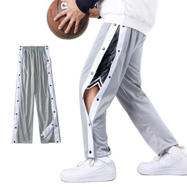 Fleece Mens Post Surgery Tearway Pants, 2 Side Snap On Off Bedridden Patient Clothing Leg Full Open Down Basketball Tear Way Pants Recovery Breakaway Sweatpants with Pockets Grey