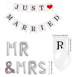 Just Married Garland Banners Just Married Wedding Bunting Banners Wedding Decorations Banners Photo Booth Props With 10 PCS White Latex Balloons Aluminum Foil Mr&Mrs Balloons For Wedding