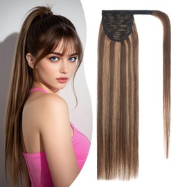 S-noilite Wrap Around Ponytail Extension Human Hair #4P27 Medium Brown Mix Dark Blonde Ponytail Extensions Real Remy Hair 20inch Long Straight Clip in Human Hair Ponytail 100Grams