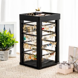 Emfogo Earring Organizer, Rustic Wood Earring Stand, 4 Tiers Earring Holder Organizer Stand with 192 Earring Tree Holes Display for Stud Earrings, Hoop Earrings & Necklaces, Women Gifts