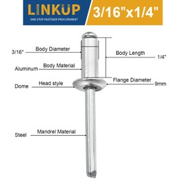 Linkup 160pcs pack 3/16" x 1/4" Pop blind Rivets, 4.8mm x 6.4mm pop rivets,Aluminum Body Steel Mandrel Rivets (Sliver),Dome Head aluminum rivets