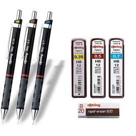 rOtring Tikky Set of 3 with Colour Code 0.35/0.5/0.7 mm (Includes 3 Cans of Refills HB + Eraser B20)