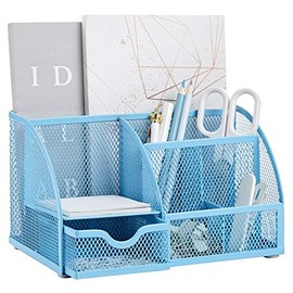 Annova Mesh Desk Organizer Office with 7 Compartments + Drawer/Desk Tidy Candy/Pen Holder/Multifunctional Organizer - Blue