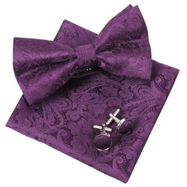 Alizeal Mens Party Paisley Pre-tied Bow Tie, Pocket Square and Cufflinks, Plum Purple