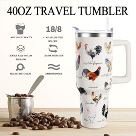 OccuPied Chicken Tumbler with Handle 40oz Rooster Hen Cup Stainless Steel Chicken Breed Water Bottle Chicken Themed Gifts for Chicken Lovers Chicken Owners Funny Gift for Women Men