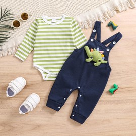 Baby Boy Clothes Set Infant Outfits Newborn Bodysuit Striped Long Sleeve Romper Dinosaur Waffle Overalls Jumpsuit 2 Piece Set (Green, 3-6 Months)
