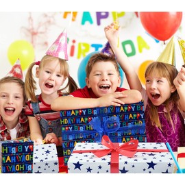 AUCLAY AUCLAY Reversible Birthday Wrapping Paper for Boys Girls Kids Adults Baby Shower Holiday - Colorful Happy Birthday Lettering and Stars Design - Gift Wrapping Paper Roll, 17.7 Inch X 33 Feet