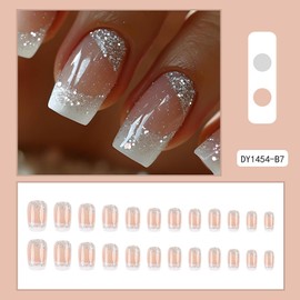Square Press on Nails Medium White French Tips Fake Nails Silver Glitter Acrylic Nails Press ons with White Ombre Designs Glue on Nails Shiny Stick on Nails Nude False Nails for Women Girls 24 Pcs