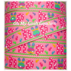 Unbranded 7/8 EASTER JELLYBEAN HOP CHEVRON BUNNY RABBIT GROSGRAIN RIBBON 4 BOW HOT PINK