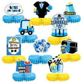 HAPPARTY 10PCS Boss Theme Birthday Table Centerpiece, Blue Black Little Baby Boy Happy Birthday Honeycomb Centerpieces for Newborn Baby Boys Boss 1st 2nd 3rd Bday Party Decorations Supplies