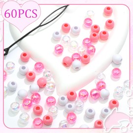 NAISKA 60Pcs Pink Acrylic Hair Beads for Kids Girls White Beads for Hair Cute Dreadlock Beads Colorful Clear Hair Beads for Braids Small Pony Beaded Hair Clips Toddler Loc Beads Hair Jewelry