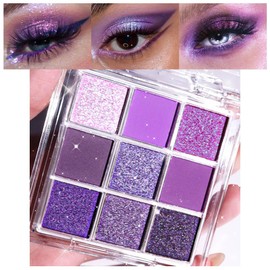 evpct 9 Colors Purple Pink Lavender Glitter Shimmer Matte Eye Shadow Palette Makeup Highly Pigmented Waterproof Violet Mauve Dark Purple Silver Pearl White Shimmer Sparkling Party Eyeshadow Palette