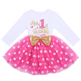 IMEKIS Baby Girl My 1st/2nd/3rd Birthday Outfit Princess Long Sleeve Shiny Tulle Dress with Bowknot Headband Toddler Kids Minnie Clothing Set, Dot Rose 1