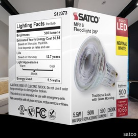 Satco LED MR16 Floodlight 5.5W 50W Equivalent 3500K Neutral White 90+ CRI 36° Beam GU10 Twist-Lock Base 120V Dimmable Clear Finish – Part S12373