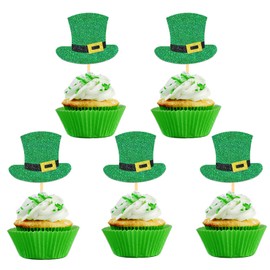 24 Pcs St Patrick's Hat Cupcake Toppers, Four Leaf Clover Leprechaun Shamrock Cupcake Toppers for St Patrick's Day Party Decorations (Hat)