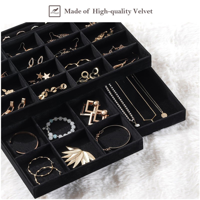 ProCase Stackable Large Jewelry Drawer Organizer, 3 Pack Velvet Jewelry