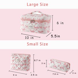 RSRSLEII 3Pcs Large Cotton Quilted Makeup Bag Set, Cute Coquette Floral Cotton Cosmetic Bag with Bows, Aesthetic Travel Organized Toiletry Bags for Women Girls（04Love Bows）