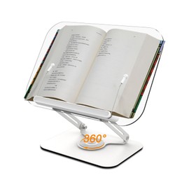 MKNZOME Book Stand for Reading, 360° Rotate Adjustable Book Holders for Reading Hands Free, Foldable Cookbook Stand for Desk with Elastic Page Clips, for Book Display, Tablets, Textbook, Transparent