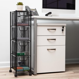 Mind Reader Network Collection, Rolling File Cabinet with 4 Removable Drawers, Omnidirectional Wheels, Desk or Supply Organizer, Lightweight and Portable, Metal Mesh, 8"L x 11"W x 31.5"H, Black