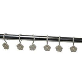 Set of 12 Decorative Floral Design Shower Curtain Rod Hooks Rings - Molded Plastic, Durable & Stylish Bathroom Accessories, Easy Slide, Rustproof, Fits Most Shower Curtains & Rods (Beige)