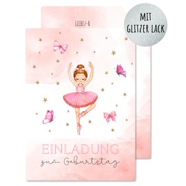 Generisch 12 x Invitation Cards for Girls Children's Birthday - Cute Glitter Cards with Ballerina Motif