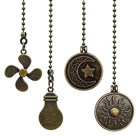 Ceiling Fan Pulls, fan Pull Chain Set with Connector,Fan Chain Extender Ornaments Fan and Light Bulb Shaped Moon and Sun Pull Chain Set 4 Pack 3mm Diameter 12 Inches Beaded Ball Fan Pull Chain, Bronze