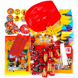 Saypacck 156 Pcs Fire Prevention Week Awareness Items Fire-truck Firefighter Party Supplies Fire-safety Hats Wristbands Keychains Pencils Stickers Goody Bags for FPW Party Favors