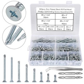 FandWay 360 Pcs M4.2(#8) Zinc Plated Steel Countersunk Head Phillips Self Drilling Screws, Sheet Metal Tek Screws Assortment Kit -Size:4.2mm x 13~50mm