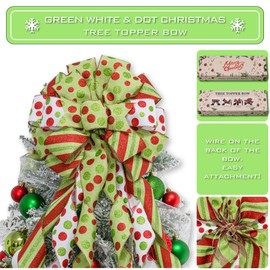 Hismir Christmas Tree Topper Bow，53x13 Inches Large Christmas Bow with Glitter Streamer and Red Green Dot，Decorative Bows for Xmas Tree Wreath Door Festival Home Decor(Green White & Dot)