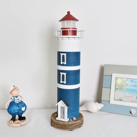 K KILIPES Wood Lighthouse Beach Decorations for Home, Battery Powered LED Lighthouse Night Light, 14.5" H Rustic Light House Replicas Sculpture Nautical Ocean Figurines Table Top Decor