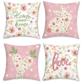 Bonhause Set of 4 Cushion Covers Spring Easter 45 x 45 cm Rabbit Carrot Flowers Leaves Pink Decorative Cushion Covers for Sofa Home Garden Easter Spring Decoration