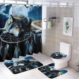 4PCS/Set Mystical Wolf Dreamcatcher Moon Mountain Shower Curtain 72W X 72L, Blue Mystical Feather Printed Bathroom Decor, Shaped Mat Toilet Lid Cover and Non-Slip Rugs with 12 Hooks
