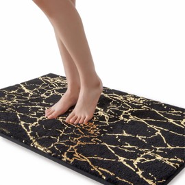 QJHOMO Marble Bathroom Runner Rug Gold Decor Long Bathroom Rugs Black Bath Mat Non Slip Super Absorbent Bathmat Machine Washable Floor Carpet for Tub, Shower, Bedroom (24x48 inch)