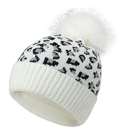 LUMoony 1 x leopard pattern winter hat with bobble knitted beanie bobble hat winter knitted hat slouch beanie hat winter hat beanie knitted hat for women girls winter hat