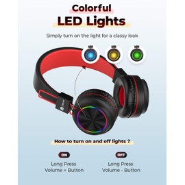 iClever BTH03 Kids Bluetooth Headphones, Colorful LED Lights, 35H Playtime, Bluetooth 5.4,Type C Fast Charging, Safe Volume, Stereo Sound Mic,On Ear Kids Wireless Headphones, Light Black