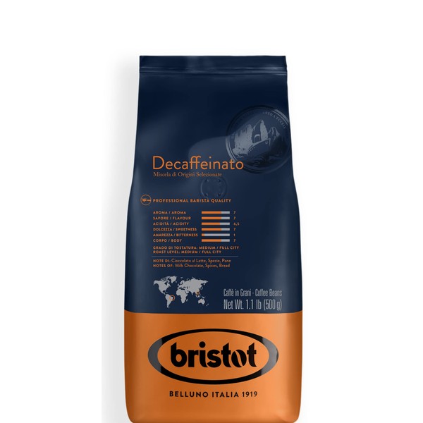 Bristot Decaf Italian Coffee Beans | Italian Espresso Beans Whole | Medium Roast | 1.1 lb/500g