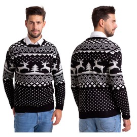 Men's Christmas Jumper - Festive Xmas Tree & Reindeer Fair Isle Knit Sweater, Long Sleeve, Winter Holiday Crew Neck, Ugly Christmas Jumper, Sizes S-XXL (Black, L)