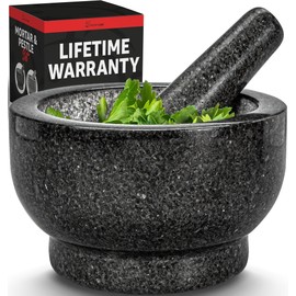 PriorityChef Large Mortar and Pestle Set, 4 Cups, 100% Natural Granite Mortar and Pestle Stone Grinder Bowl, Molcajete Bowl, Avocado Masher Guacamole Bowls, Black