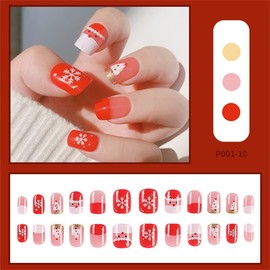 YONAIL 24pcs/set Short Red False Nails with Glue Christmas Snowflake Tree False Nails Acrylic Fake Nails Tips Full Cover Press On Nails for Women and Girls Glue On Nails