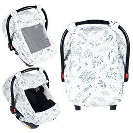 Summer Muslin Car Seat Cover Baby Girls Boys,Infant Carseat Covers with Breathable Window,3 Adjustable Modes, Lightweight Car Seat Sun Shade Cover for Babies,Green Leaf